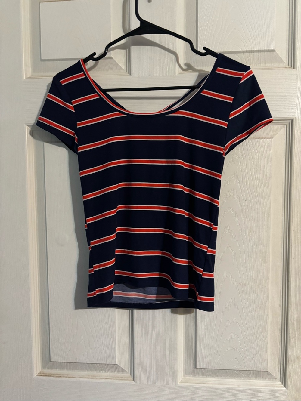 eye candy Navy Short Sleeve Scoop Neck Top with Red and White Stripes
